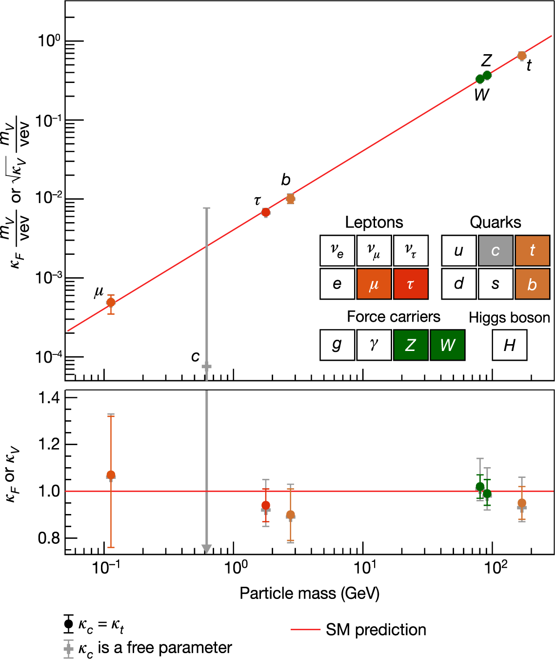 “Coupling strength” (κ) for different particle types to the Higgs boson as a function of the particle’s mass. Shown are results for top quarks (t), W and Z boson, bottom quarks (b), tau-leptons (τ), charm quarks (c) and muons (μ). These results are obtained from the combination of Higgs-boson measurements. (Image: ATLAS Collaboration/CERN)