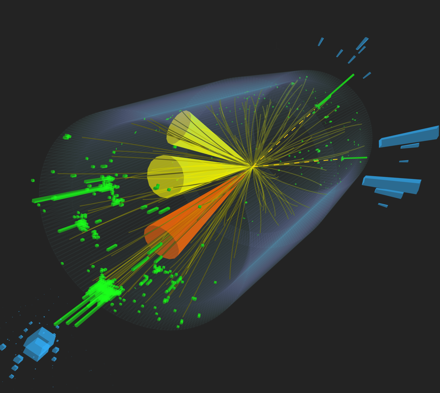 Candidate Higgs boson event from collisions between protons in the CMS detector on the LHC (Image: CMS/CERN)